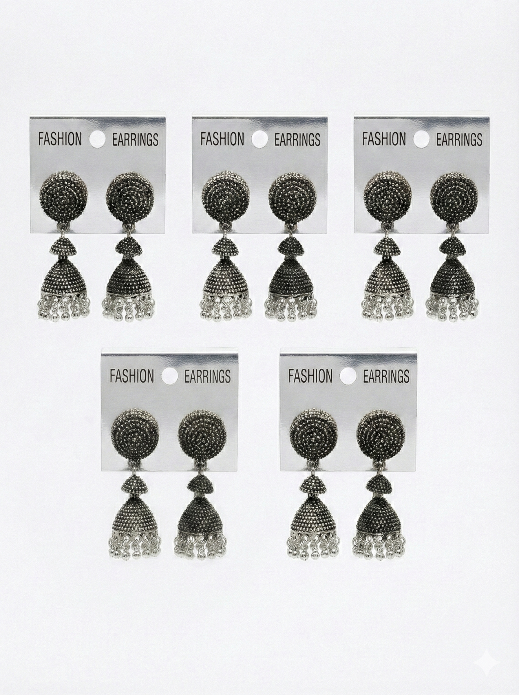Fashion Jhumka Earrings (small-Medium), Oxidized Silver Beaded Drop Dangle Style, Pack of 5