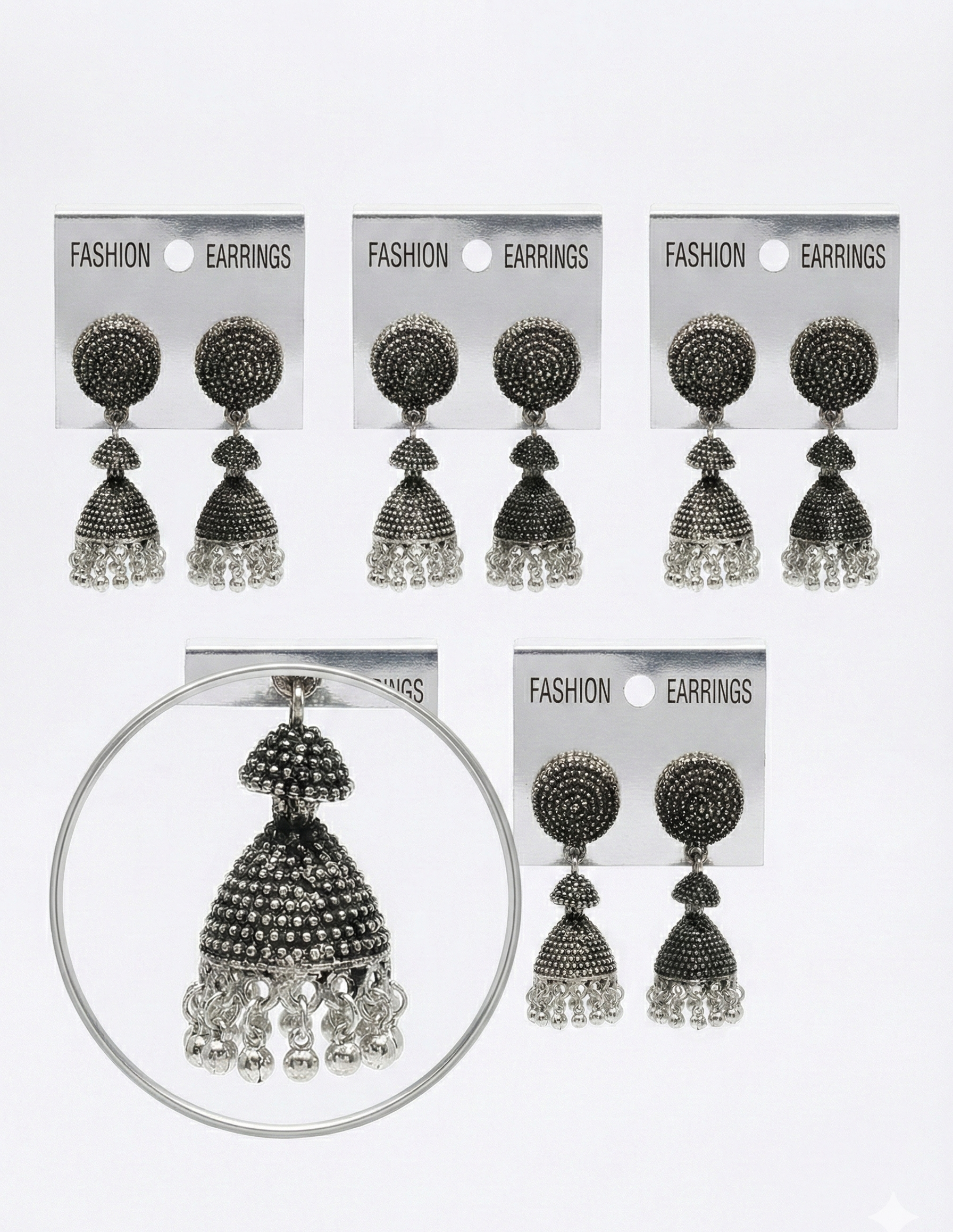 Fashion Jhumka Earrings (small-Medium), Oxidized Silver Beaded Drop Dangle Style, Pack of 5